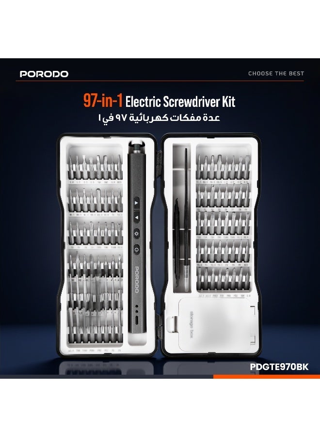 porodo Techfix 97-IN-1 Electric Screwdriver Kit with Built-In LED Light, automotive mechanical maintenance vehicle socket wrench toolbox, Tools Set for Automotive - Black - Image 2